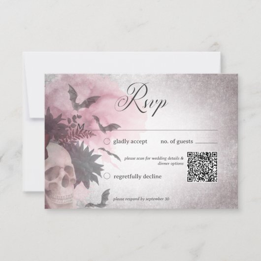 Gotische Zwart & Bourgondische schedel & Spin QR C RSVP Kaartje (Voorkant)