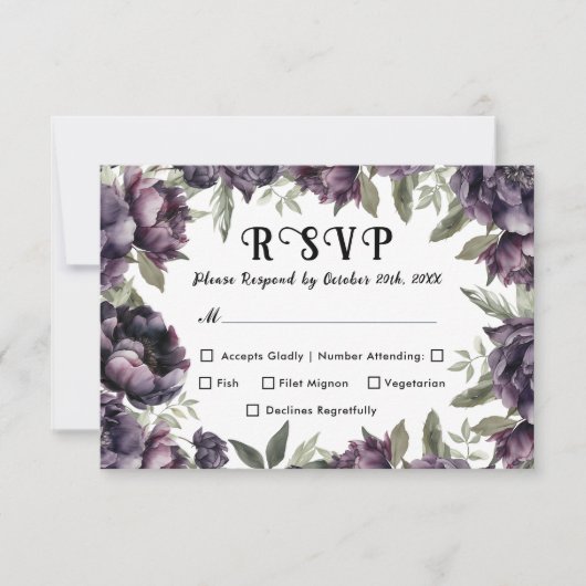 Gotische  Zwart Donker Pioen Bruiloft RSVP (Voorkant)