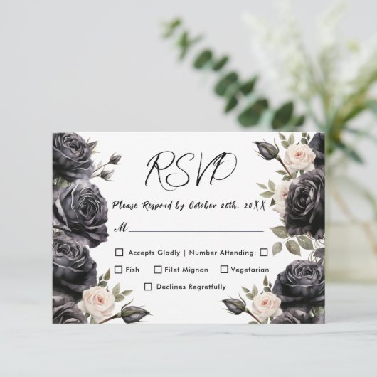 Gotische Zwart Donker Rozen Bruiloft RSVP (Staand voorkant)