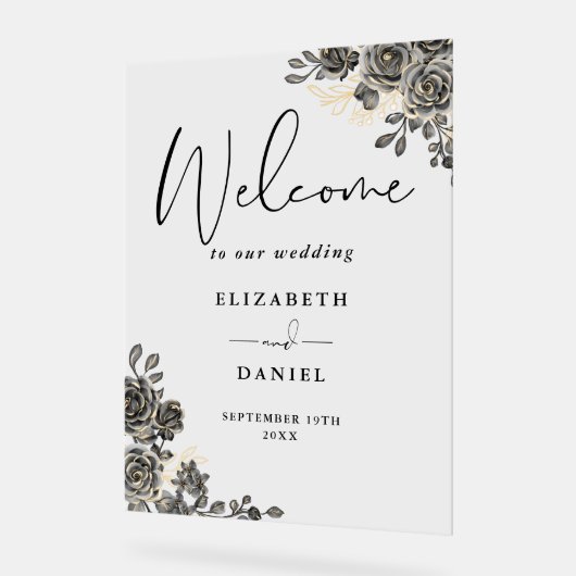 Gotische zwart en goud bloemenbruiloft welkom acryl bord (Hoek)