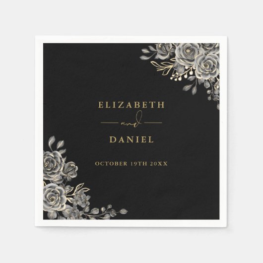 Gotische zwart en gouden Rozen bloemenbruiloft Servet (Voorkant)