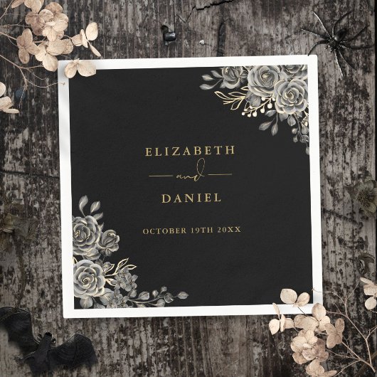 Gotische zwart en gouden Rozen bloemenbruiloft Servet