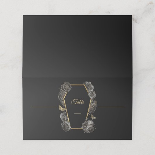 Gotische Zwart & Goud Rozen Coffin Wedding Gevouwe Plaatskaartje (Buitenkant ongevouwen)