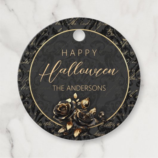 Gotische zwart gouden roos damast elegant Hallowee Bedankjes Labels (Voorkant)