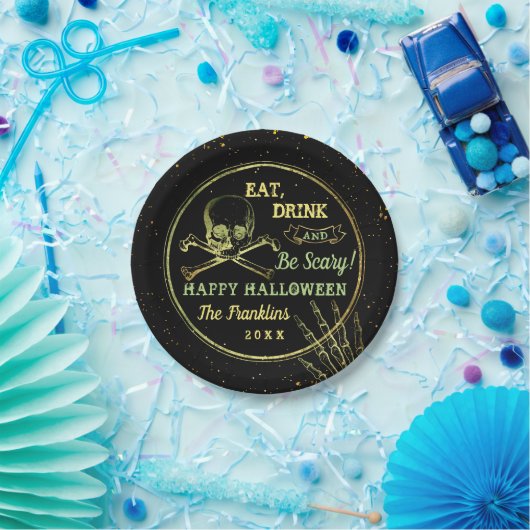 Gotische Zwart & Gouden Schedel Gelukkig Halloween Papieren Bordje (Feest)