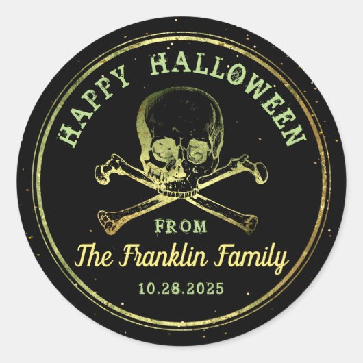 Gotische Zwart & Gouden Schedel Gelukkig Halloween Ronde Sticker (Voorkant)