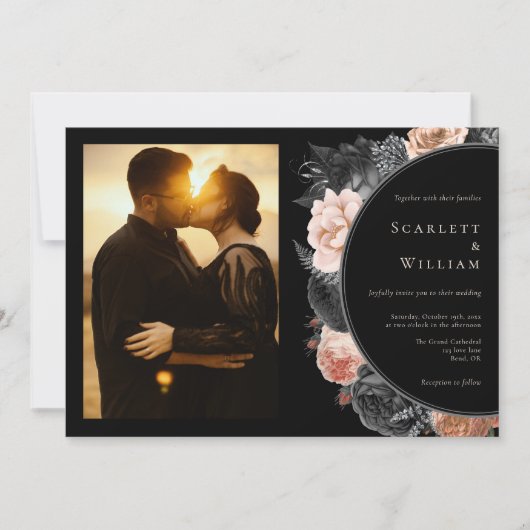 Gotische Zwart Horizontale Foto Bruiloft Kaart (Voorkant)
