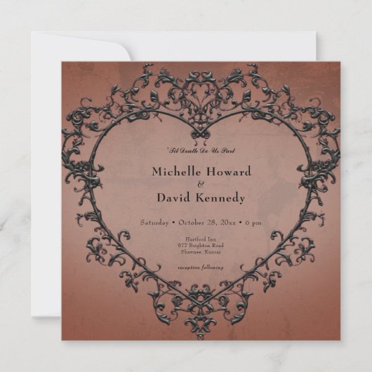 Gotische Zwart & Roest Filigraan Hart Bruiloft Kaart (Voorkant)