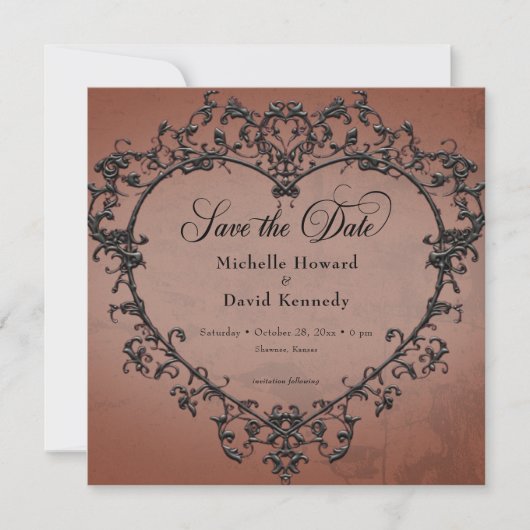 Gotische Zwart & Roest Filigraan Hart Bruiloft Save The Date (Voorkant)