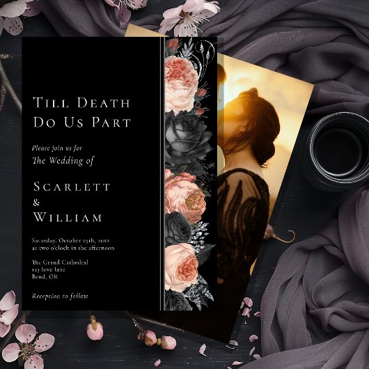 Gotische zwart tot de dood foto bruiloft kaart