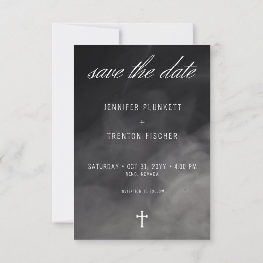 Gotische zwart-wit begraafplaats tot de dood bruil save the date (Achterkant)