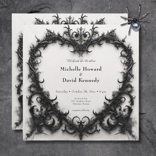 Gotische Zwart & Wit Filigraan Hart Bruiloft Kaart