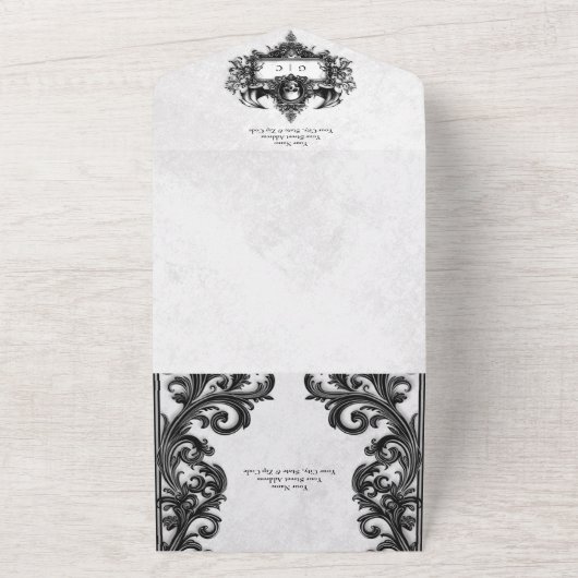 Gotische zwart & wit Halloween filigraan diner All In One Uitnodiging (Buitenkant)