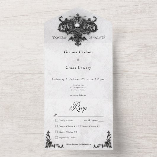 Gotische zwart & wit Halloween filigraan diner All In One Uitnodiging (Binnen)