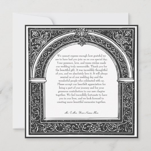 Gotische zwart-wit middeleeuwse tot de dood bedankkaart (Achterkant)