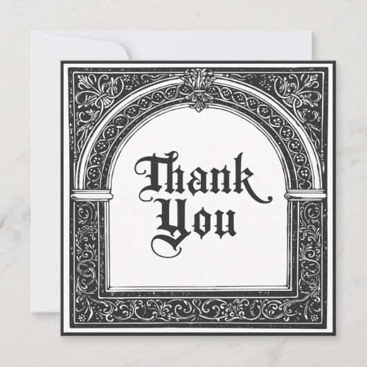 Gotische zwart-wit middeleeuwse tot de dood bedankkaart (Voorkant)