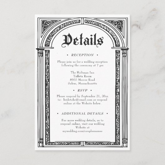 Gotische zwart-wit middeleeuwse tot de dood bruilo informatiekaartje (Voorkant)