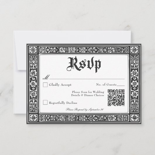 Gotische zwart-wit middeleeuwse tot de dood bruilo RSVP kaartje (Voorkant)