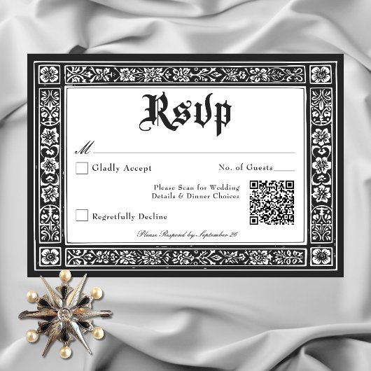 Gotische zwart-wit middeleeuwse tot de dood bruilo RSVP kaartje