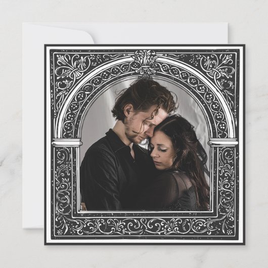 Gotische zwart-wit middeleeuwse tot de dood foto save the date (Achterkant)