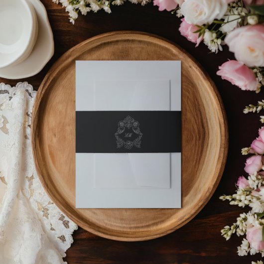 Gotische zwart-wit monogram trouwkaart uitnodigingen wikkel