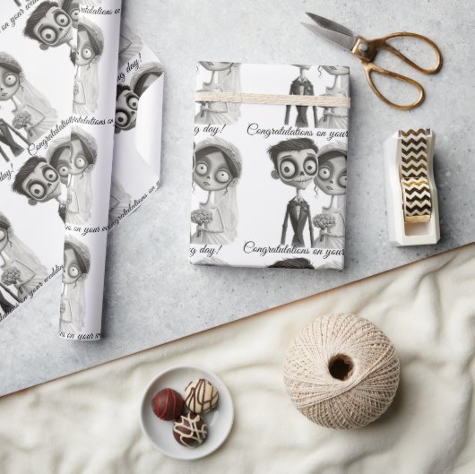 Gotische zwart witte bruid en bruidegom cadeaupapier (Crafts)