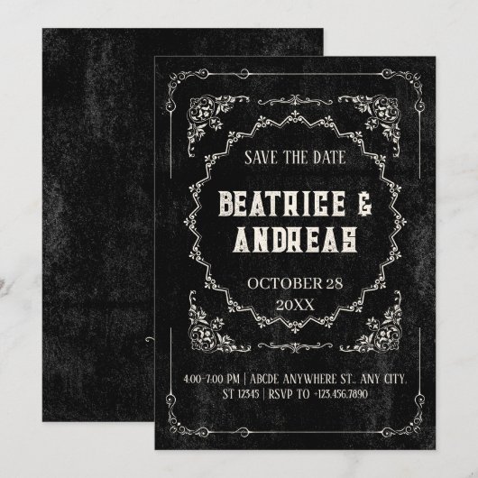 Gotische zwarte barok save the date (Voorkant / Achterkant)