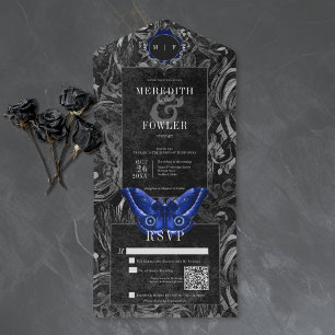 Gotische Zwarte Blau Filigree Motief QR Code Trouw All In One Uitnodiging