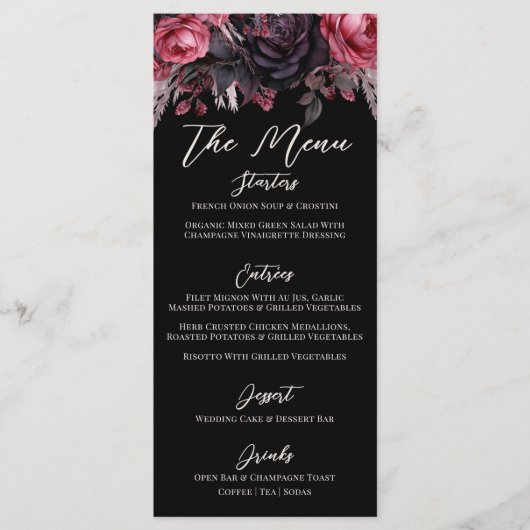 Gotische zwarte bloemen bruiloft menu (Voorkant)