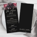 Gotische zwarte bloemen bruiloft menu<br><div class="desc">Chalkboard-geïnspireerde handgetekende grillige bruiloft diner menu. Deze charmante kaart voor het huwelijksmenu heeft een zwarte krijtbordachtergrond met witte handgetekende details, waardoor het de uitstraling heeft van echte krijtkunst. Geïnspireerd door de Italiaanse, Franse en Europese esthetiek, bevat het ontwerp een schets van een plaats aan de bovenkant en een champagnefles met...</div>