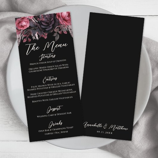Gotische zwarte bloemen bruiloft menu