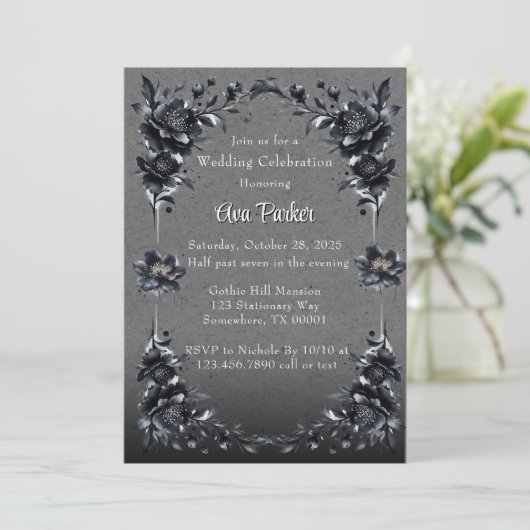 Gotische Zwarte Bloemen Grens Huwelijksfeest Kaart (Staand voorkant)