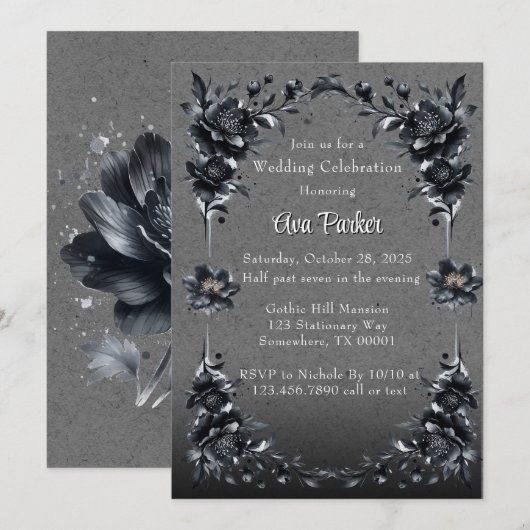 Gotische Zwarte Bloemen Grens Huwelijksfeest Kaart (Voorkant / Achterkant)