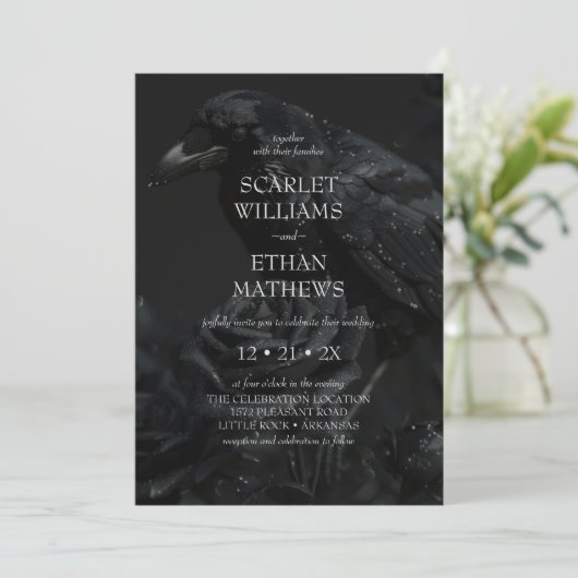 Gotische Zwarte Bloemen Raven & Roos Wedding Kaart (Staand voorkant)
