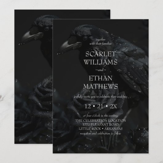 Gotische Zwarte Bloemen Raven & Roos Wedding Kaart (Voorkant / Achterkant)