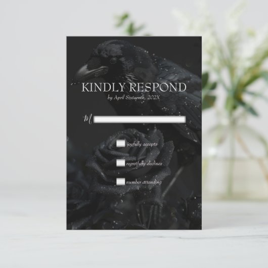 Gotische Zwarte Bloemen Raven & Roos Wedding RSVP Kaartje (Staand voorkant)