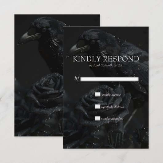 Gotische Zwarte Bloemen Raven & Roos Wedding RSVP Kaartje (Voorkant / Achterkant)