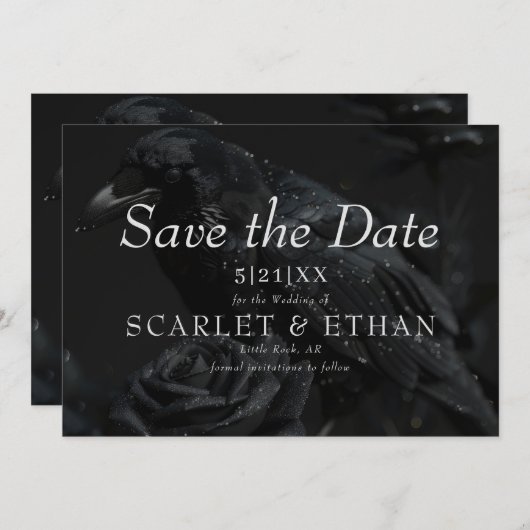 Gotische Zwarte Bloemen Raven & Roos Wedding Save The Date (Voorkant / Achterkant)