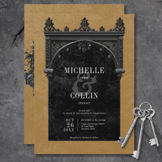 Gotische zwarte boog & zwarte Rozen gouden bruilof Kaart