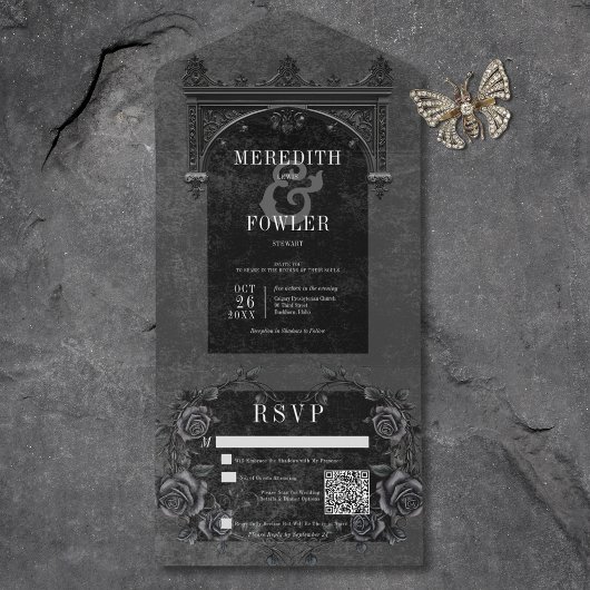 Gotische zwarte boog & zwarte Rozen QR-code All In One Uitnodiging