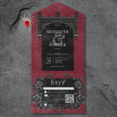 Gotische zwarte boog & zwarte Rozen Wijn QR-code All In One Uitnodiging