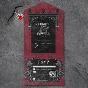 Gotische zwarte boog & zwarte Rozen Wijn QR-code All In One Uitnodiging