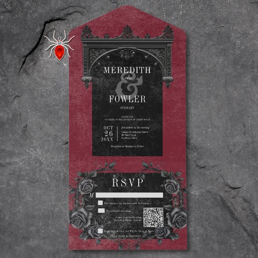 Gotische zwarte boog & zwarte Rozen Wijn QR-code All In One Uitnodiging