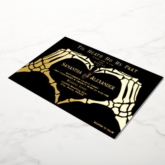 Gotische zwarte bruiloft skelet handen tot de dood folie uitnodiging (Gedraaid)