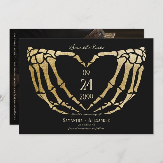 Gotische Zwarte Bruiloft Skelet Handen Tot de Dood Save The Date (Voorkant / Achterkant)