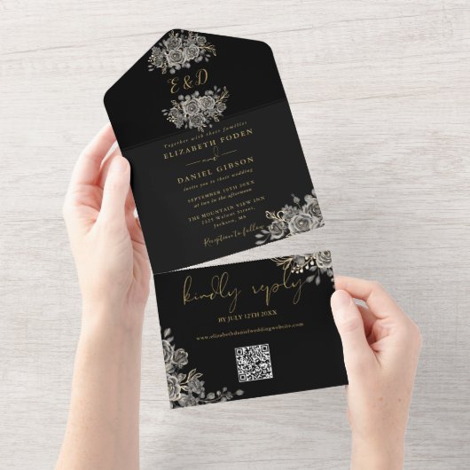 Gotische zwarte en gouden monogram QR-code trouwfe All In One Uitnodiging (Afscheurbaar)