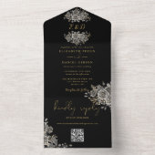 Gotische zwarte en gouden monogram QR-code trouwfe All In One Uitnodiging (Binnen)