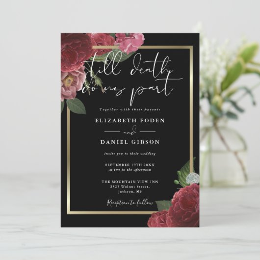 Gotische zwarte en gouden rozen bloemige bruiloft kaart (Staand voorkant)