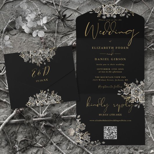 Gotische zwarte en gouden rozen QR-code bruiloft All In One Uitnodiging