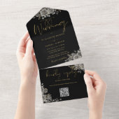 Gotische zwarte en gouden rozen QR-code bruiloft All In One Uitnodiging (Afscheurbaar)